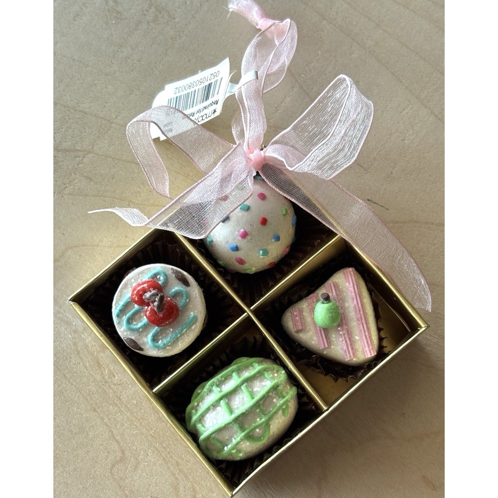Box of Chocolates Christmas Ornament Vtg Macy's Bonbons Glittered Gold Box